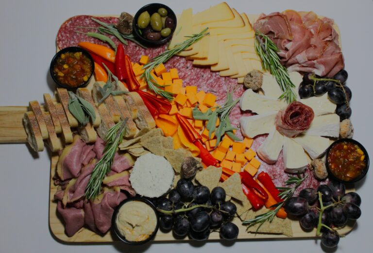 Savoury grazing board with cheeses, cured meats, and accompaniments serving 8–10 people in Castlegar BC
