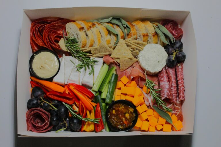 Savoury grazing box with cheeses, cured meats, and accompaniments serving 4–7 people in Castlegar BC